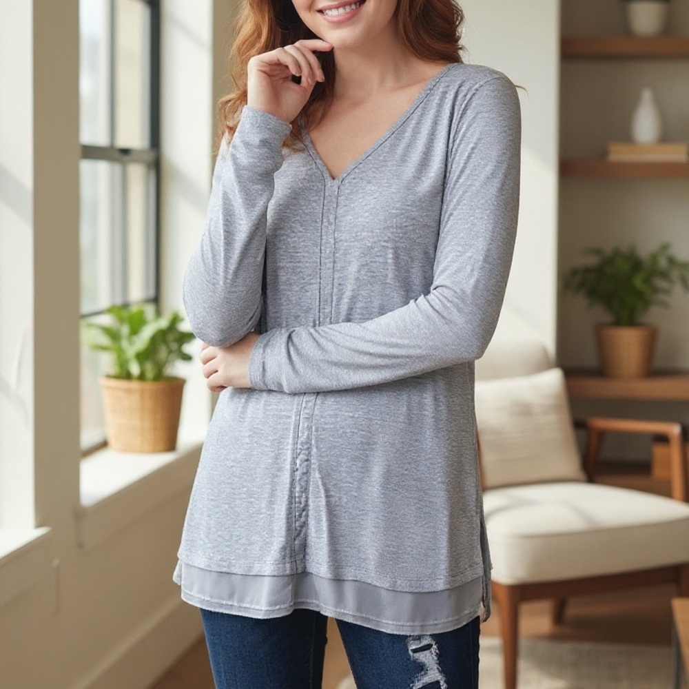 WHITE HOUSE BLACK MARKET Womens Small Grey V-Neck Layered Hem Metallic Top